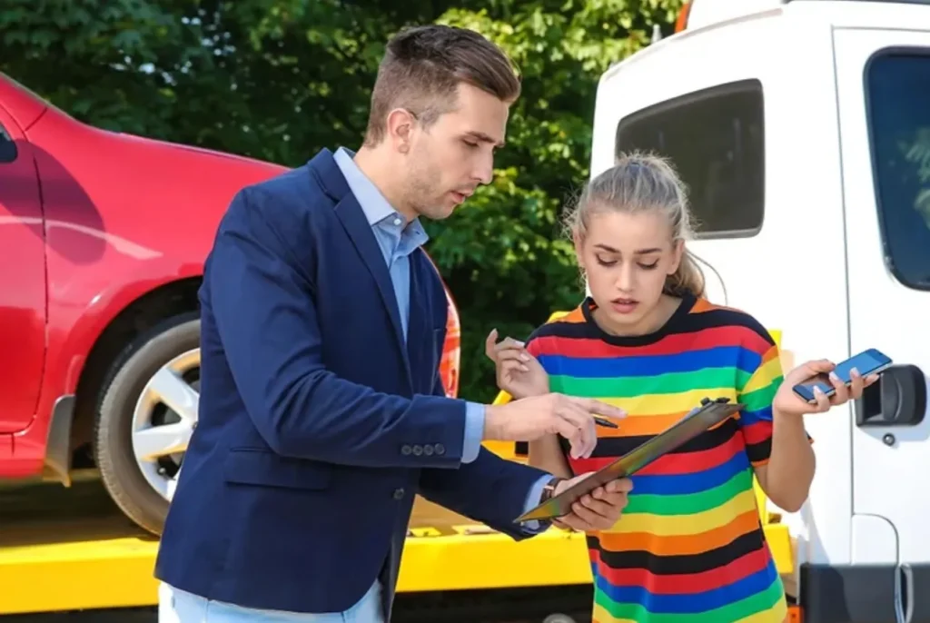 young woman having broken down on road, signing paperwork