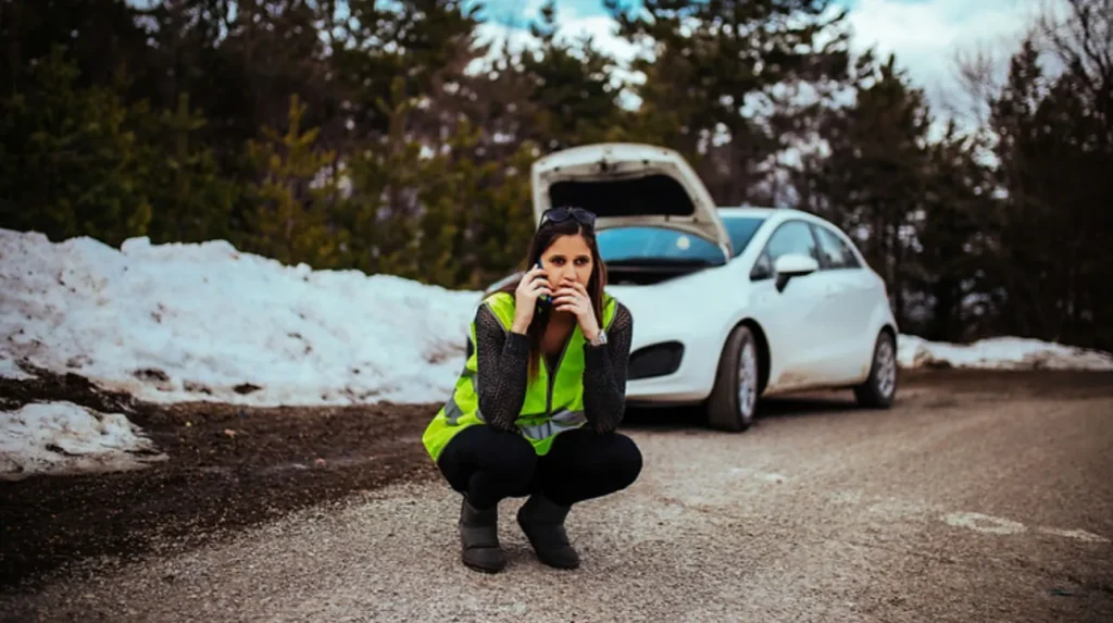 woman broken down by side of road